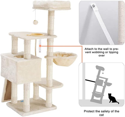 Cat Tree, Cat Tower for Indoor Cats with Scratching Board, Multi-Level Cat Furniture Condo with Feeding Bowl Light Gray HCT010M