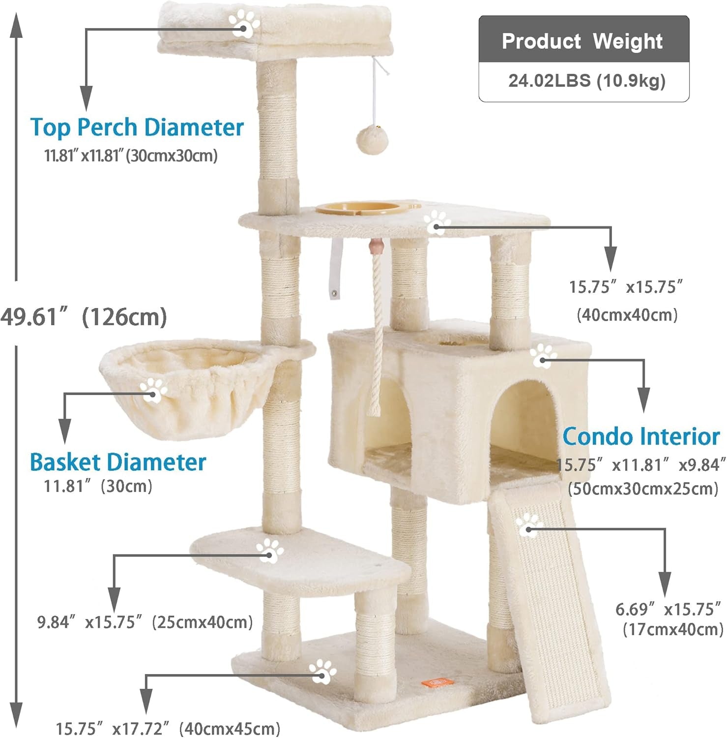 Cat Tree, Cat Tower for Indoor Cats with Scratching Board, Multi-Level Cat Furniture Condo with Feeding Bowl Light Gray HCT010M