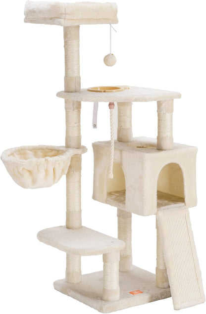 Cat Tree, Cat Tower for Indoor Cats with Scratching Board, Multi-Level Cat Furniture Condo with Feeding Bowl Light Gray HCT010M