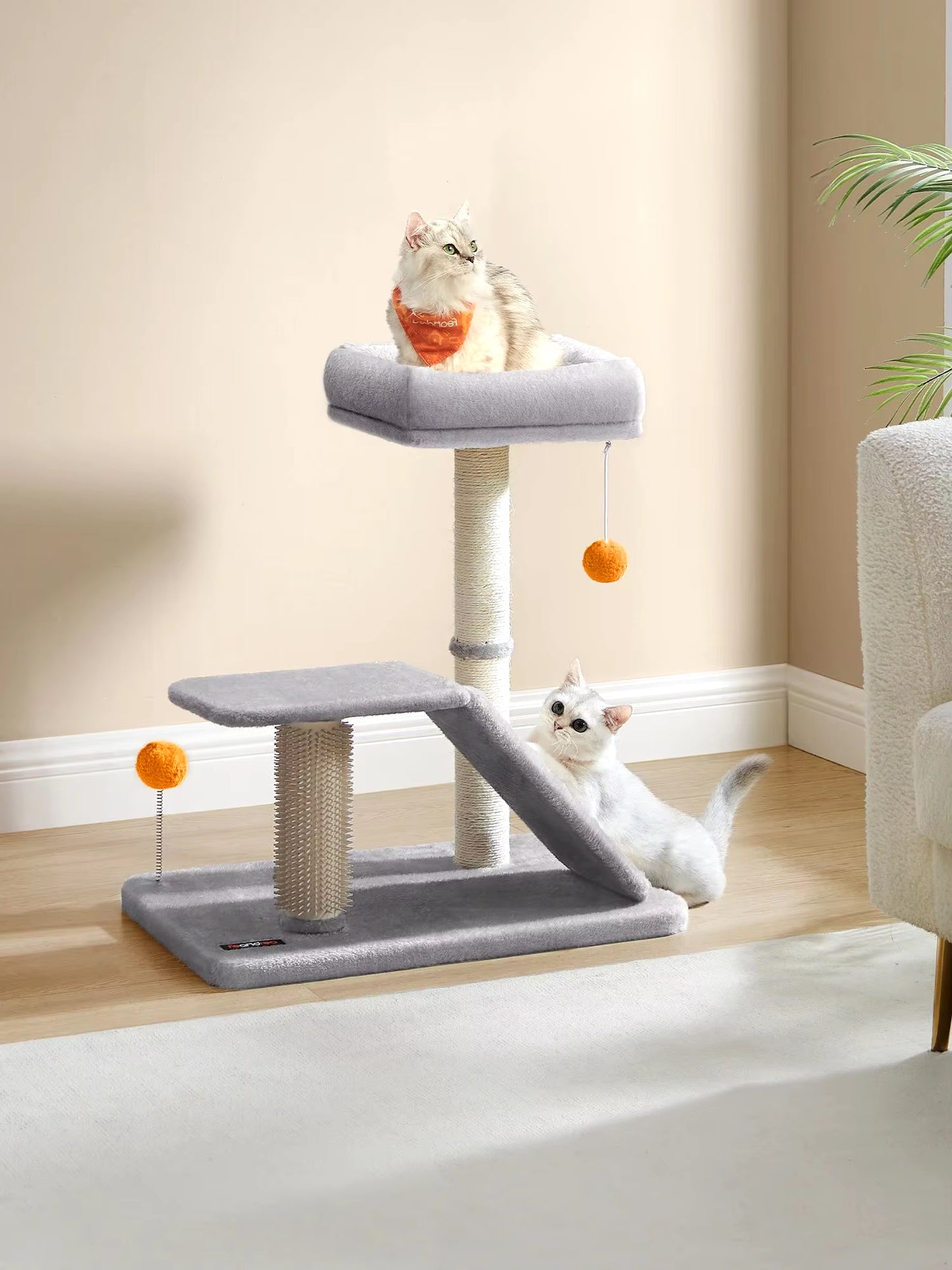 Cat Scratching Post with Bed, Multifunctional Cat Scratcher with Rotatable Scratching Ramp, Perch, Self-Groomer