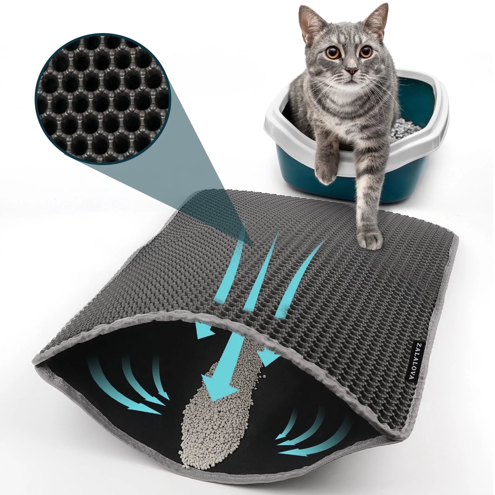 Cat Litter Mat Kitty Litter Mat for Litter Box, 24 X 15 Inch Honeycomb Easy to Clean, Soft on Paws, Non-Slip, Waterproof Cat Mat (Black)